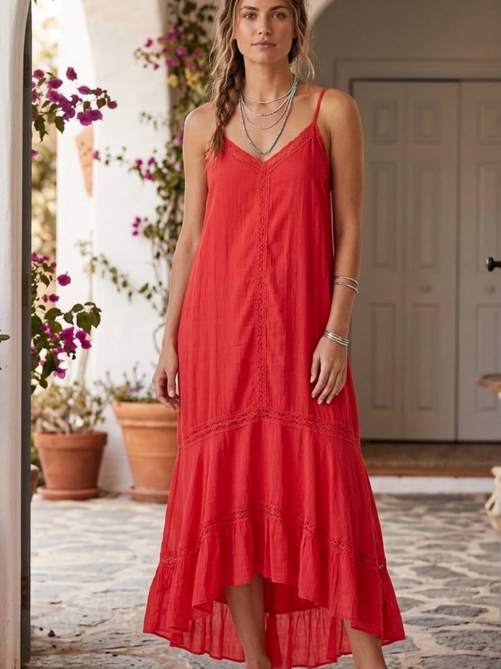 lovestitch Red Lace-Trim High-Low Maxi Dress